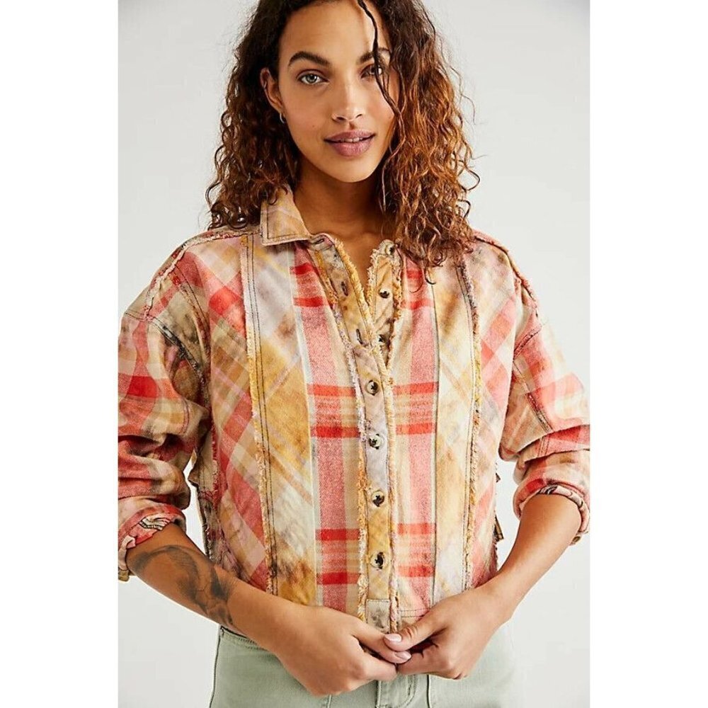 Free People WE THE FREE Forever Plaid Flannel Shirt Cropped Patched Size XS NEW